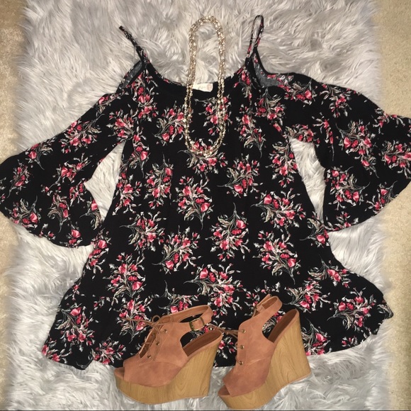 Altar'd State Dresses & Skirts - Cold Shoulder Bell Sleeve Black Floral Dress